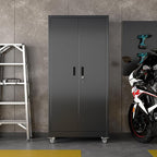 Garage Storage Cabinet with Wheels & Pegboard, 71" H×34" W×18" D Locking Metal Storage Cabinet with 2 Doors and 5 Adjustable Shelves for Garage Home, Assembly Required, Black