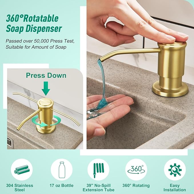 CREA Brushed Gold Kitchen Soap Dispenser Countertop Soap Dispenser for Kitchen Sink, Built in Sink Soap Dispenser for Bathroom with 39" Tube Large Capacity 17 OZ Bottle