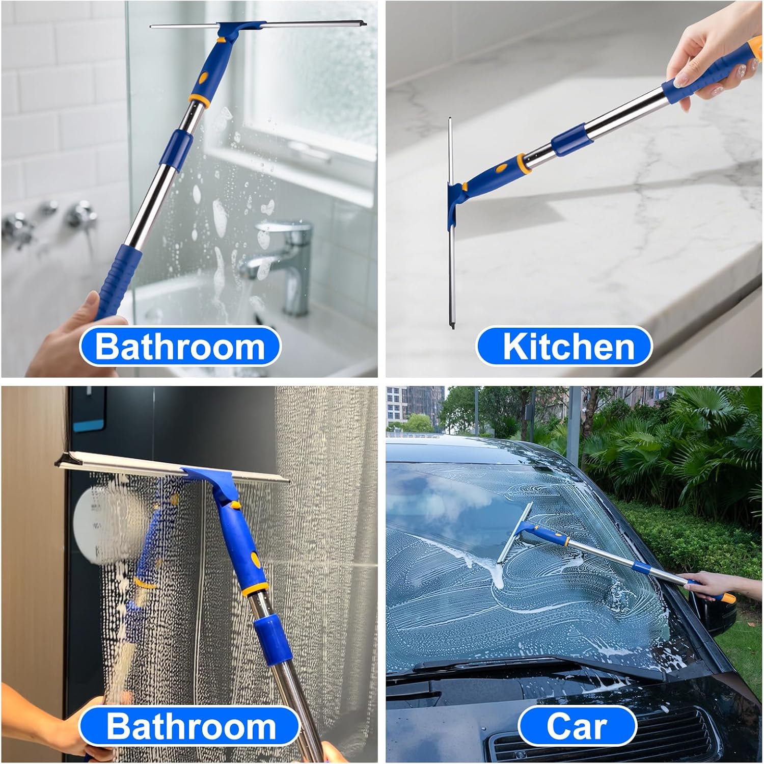 ITTAHO Shower Squeegee for Glass Doors, All-Purpose Extendable Window Squeegee with 2 Blades and Stainless Steel Pole, Window Cleaner Tool for Shower Doors, Windows, Bathroom and Car Windshields