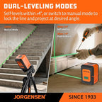 JORGENSEN Laser Level with Tripod, 100 FT Dual Modules Self Leveling Cross Line Laser Leveler Tool with 360° Magnetic Base, Green Laser Level for Picture Hanging, Tile, Home Renovation, Indoor Project