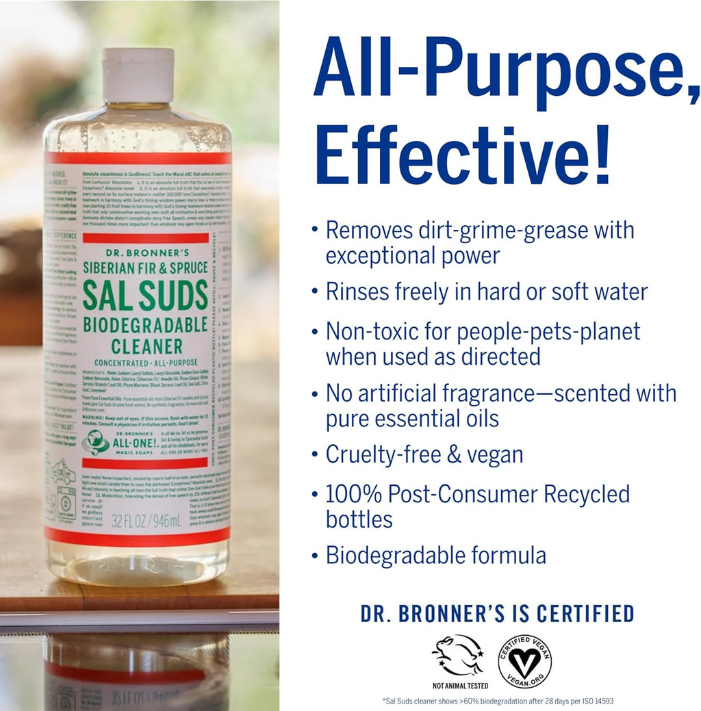 Dr. Bronner's - Sal Suds Biodegradable Cleaner (32oz, 2-Pack) – Concentrated All Purpose Cleaning Solution & Mop Soap, For Floors, Laundry & Dishes – Powerful Formula Made with Plant-Based Surfactants