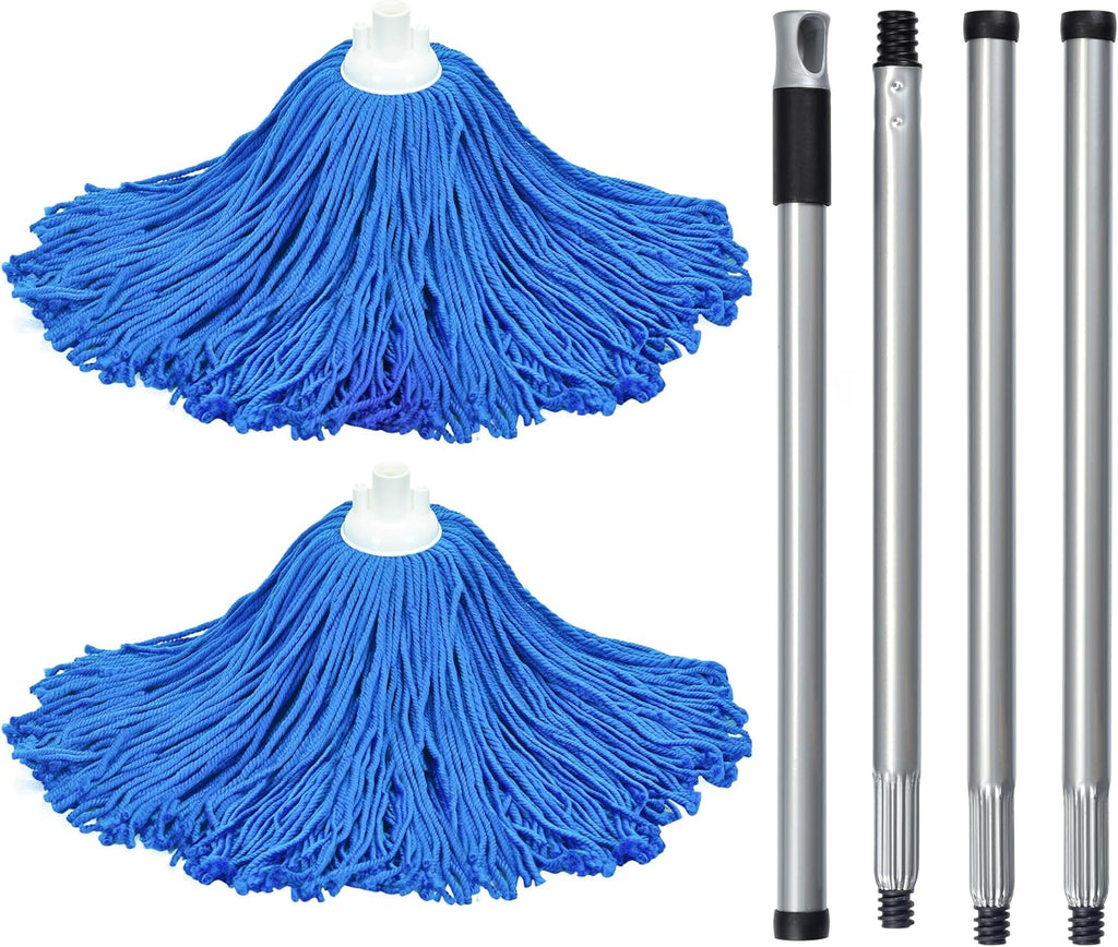 Matthew Microfiber Mop Replacement, Stainless Steel Spin Mop Handle with Wet Mop for Floor Cleaning (2 Mop Heads w/1 Handle) - Blue