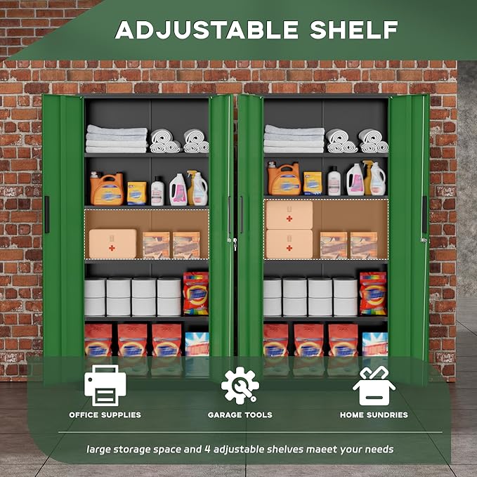 Greenvelly Metal Garage Storage Cabinet, 72" Black Green Tool Steel Locking Cabinet with Doors and 4 Shelves, Tall Cabinets for Garage Storage Systems Lockable File Cabinet for Home Office,Garage