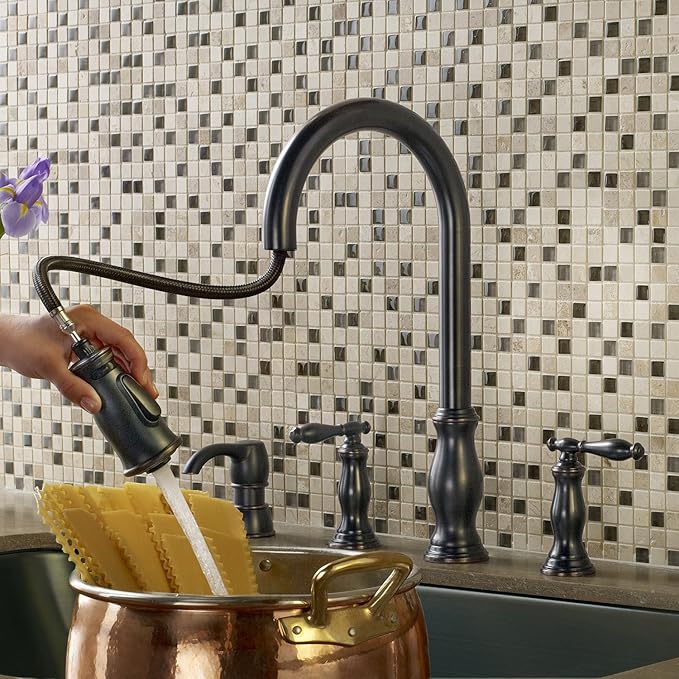 Pfister Hanover Kitchen Faucet with Pull Down Sprayer and Soap Dispenser, 2-Handle, 4-Hole, High Arc, Tuscan Bronze Finish, F5314HNY