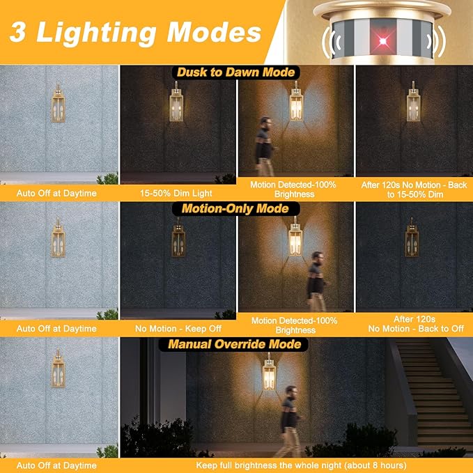 20" Gold Motion Sensor Outdoor Light, Large Dusk to Dawn Outdoor Lighting Fixture, Farmhouse Wall Mounted Porch Lamp, Waterproof Sconce Light for Outside Patio, 3 Modes/2-Light/1-Pack