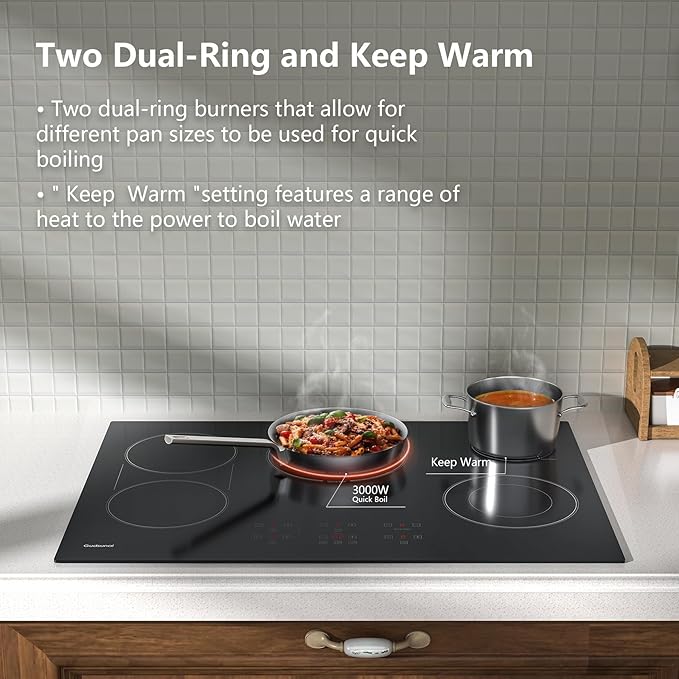 36 Inch Electric Cooktop 5 Burners, ETL & FCC Certificated, Sync Burner, Quick Boil, Keep Warm Setting, 9 Heating Level, Timer, Child Lock & Auto Shutdown, 9000W, Drop-in Electric Stove Top