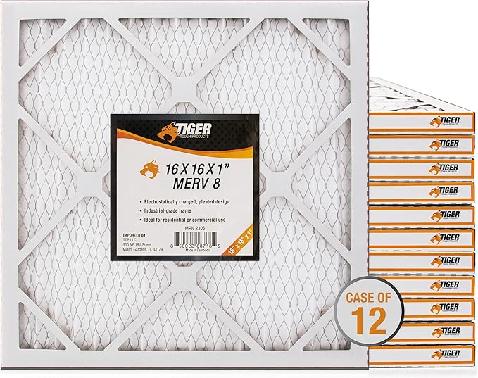Tiger Tough 16x16x1 MERV 8 MPR 600-800 Air Filter, High-Performance AC Furnace & HVAC Filter, 12-Pack