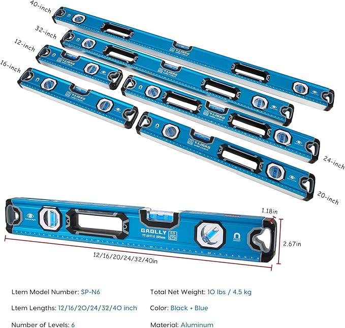 6-Piece Spirit Level Set (12", 16", 20", 24", 32", 40"), Level Set with Magnetic Torpedo, 45°/90°/180°Bubbles Measuring, Aluminium Alloy Levels, Open Top View Design