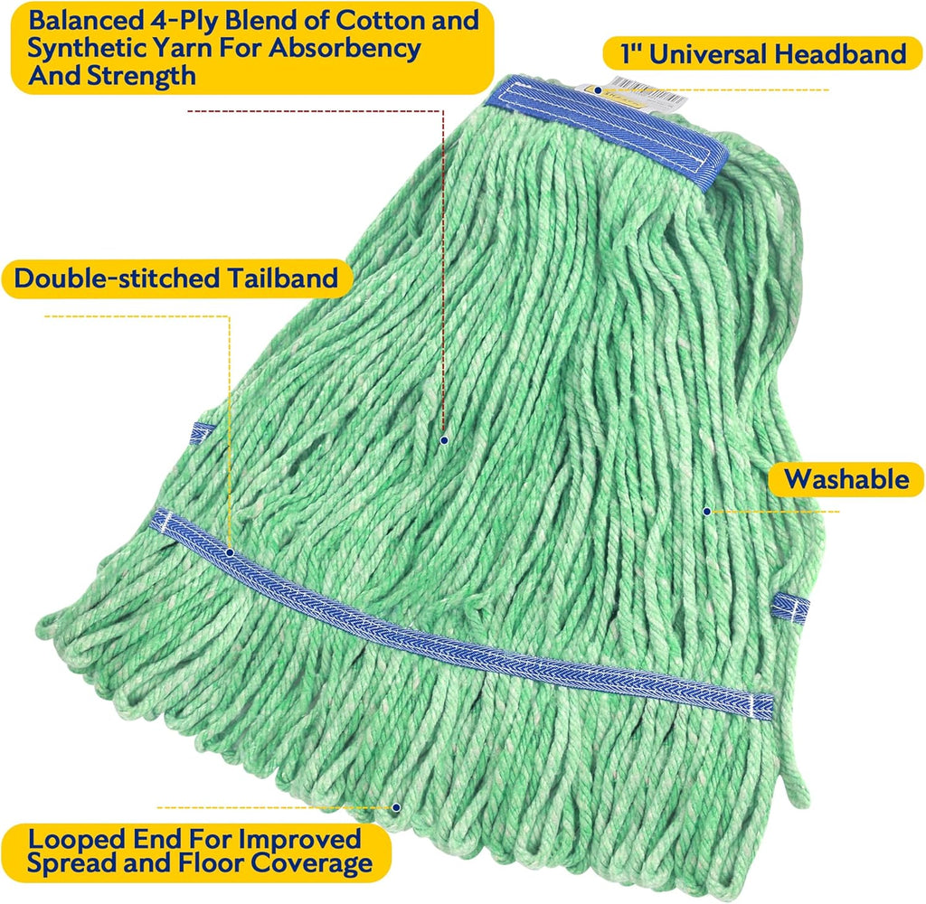 Matthew Cleaning Heavy Duty Mop Head Commercial Replacement for General and Floor Cleaning , Wet Industrial Blue Cotton Looped End String Head Refill (Pack of 3) Green