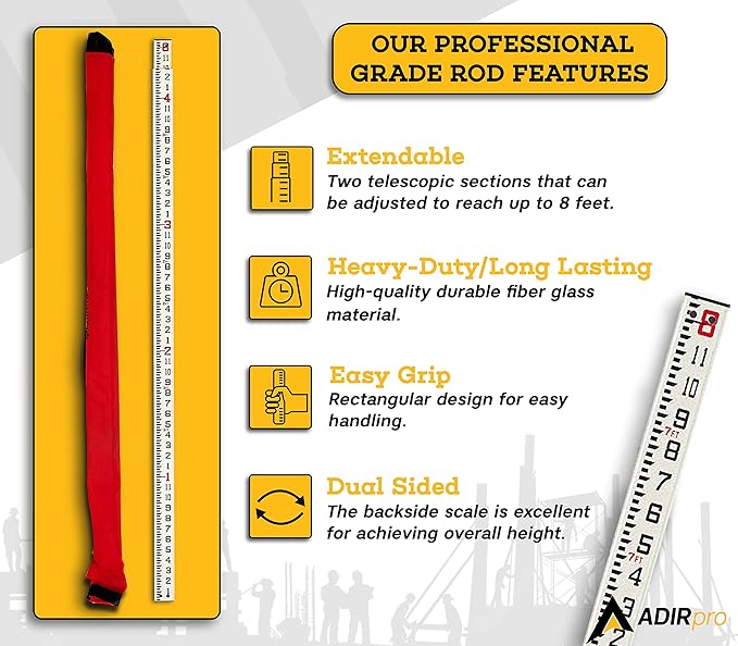 AdirPro 8-Foot Fiberglass Grade Rod – 8ths, 2-Section Telescoping Rectangular Leveling Rod – Non Glare and Corrosion Resistant – Heavy Duty Carrying Case Included