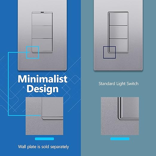 LIDER Minimalist Design Matte Finish Lighted Triple Switch, Combination Frameless Decorator Switch with Locator Light, Ground Terminal, Single Pole, 15A 120-277V, UL Listed, LCS3-1P-SV, Silver