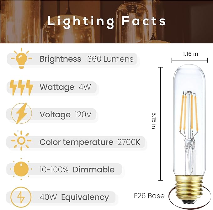 6 Pack T10 Tube Light Bulb,LED Edison Bulbs Warm White 2700K,E26 Base,4W Vintage Bulb 40 Watt Equivalent,Dimmable for Desk Lamp,Curio Cabinet,Chandeliers,Pendant Light