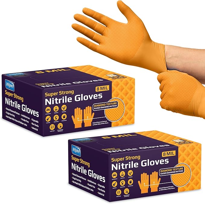 Inspire Heavy Duty Orange Nitrile Disposable Gloves | ULTRA 8 Mil Diamond Textured Grip | Industrial Mechanic Food