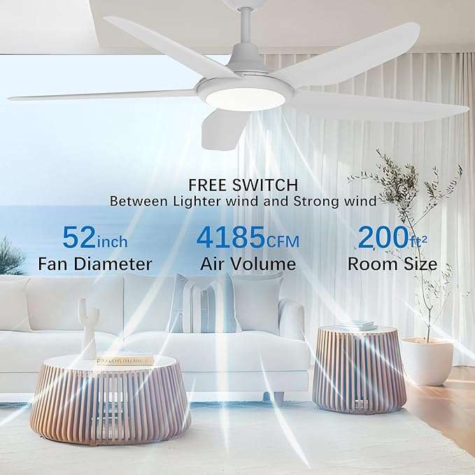 52 Inch Modern White Ceiling Fans with Lights, Ultra Quiet for Low Ceiling Bedroom, Sleep Mode Timer, 9 Speed Remote Control Dimmable LED Light, Easy Install
