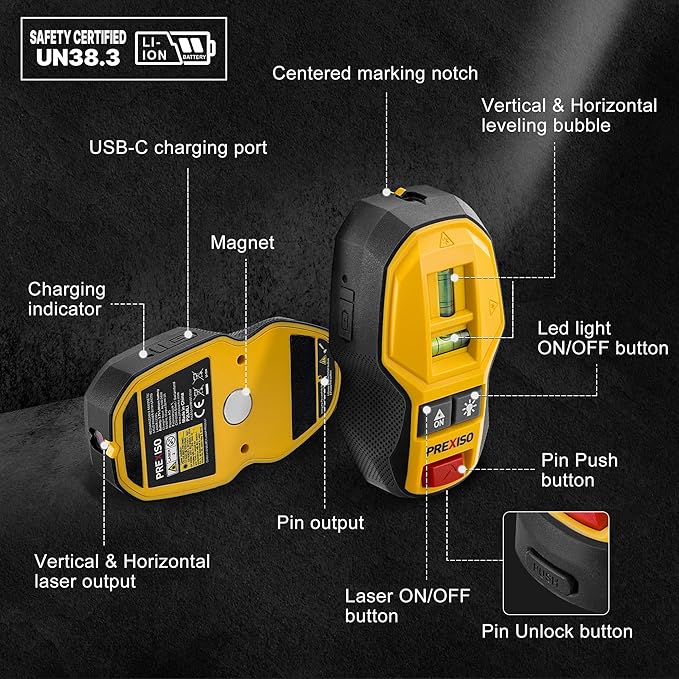 PREXISO 2-in-1 Rechargeable Cross Line Laser Level with Magnetic Stud Finder, Compact Line Lasers with LED Bubble Vials for Accurate Marking, Stud Detector Wall Scanners for Hanging Frames & Pictures