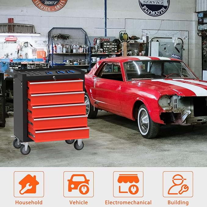5-Drawer Rolling Tool Chest, Tool Box with 4 Wheels and Drawers, High Capacity Detachable Mobile Tool Storage Cabinet for Garage, Workshop, Mechanics and Repair Room (Black&Red)