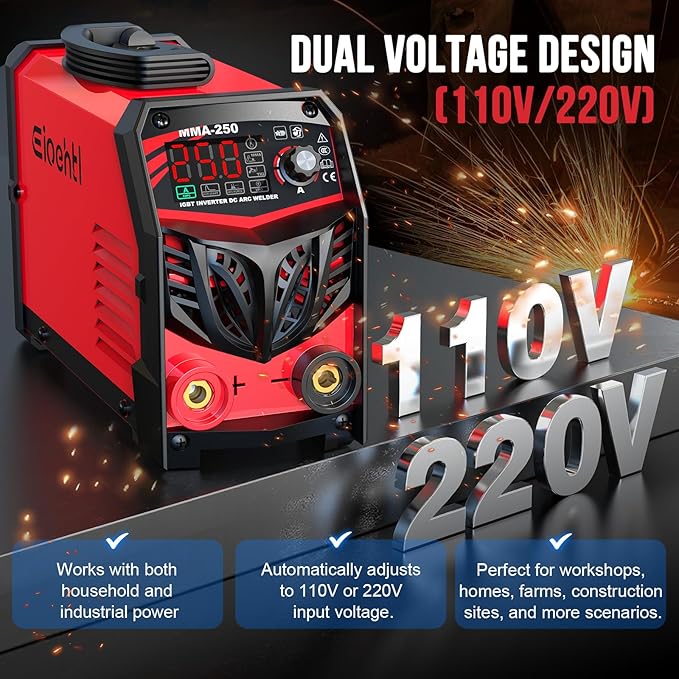250Amp Stick Welder 110V/220V Dual Voltage, with LED Display ARC Welding Machine w/Hot Start, IGBT Inverter, Portable Welder with Complete Kit (10 Rods, Clamps, Gloves), Anti-Stick for Home/Diy/Farm