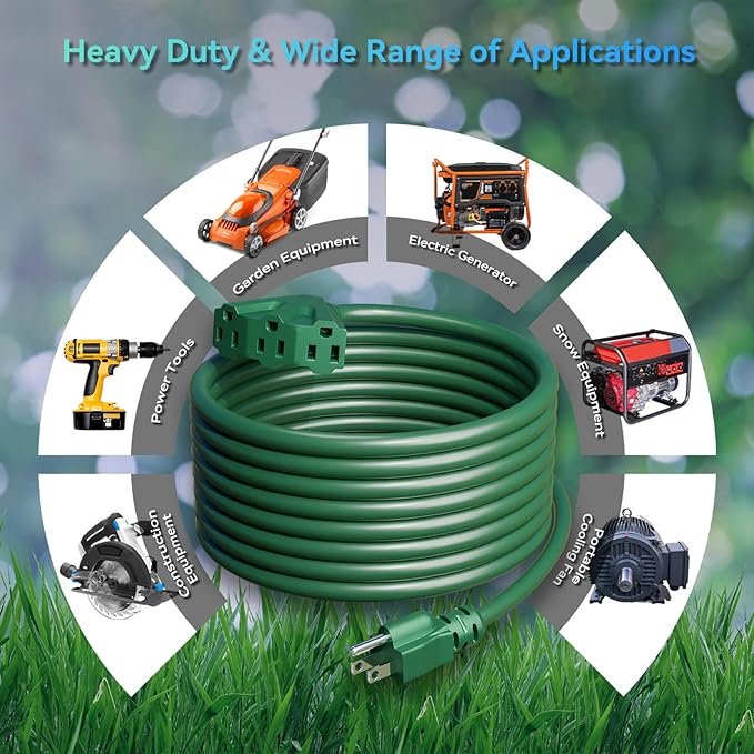 K KASONIC - 50 Ft Extension Cord with 3 Outlets, UL Listed 16/3 SJTW 3-Wire Grounded, 13A 125V 1625W for Indoor/Outdoor Use - Green