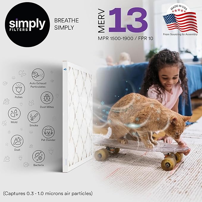Simply 24x24x1 Air Filter, MERV 13, MPR 1500, 6 Pack, For Home AC Furnace & HVAC (Actual Size: 23.75"x23.75"x0.75") DUST, Pet, & Allergy Control