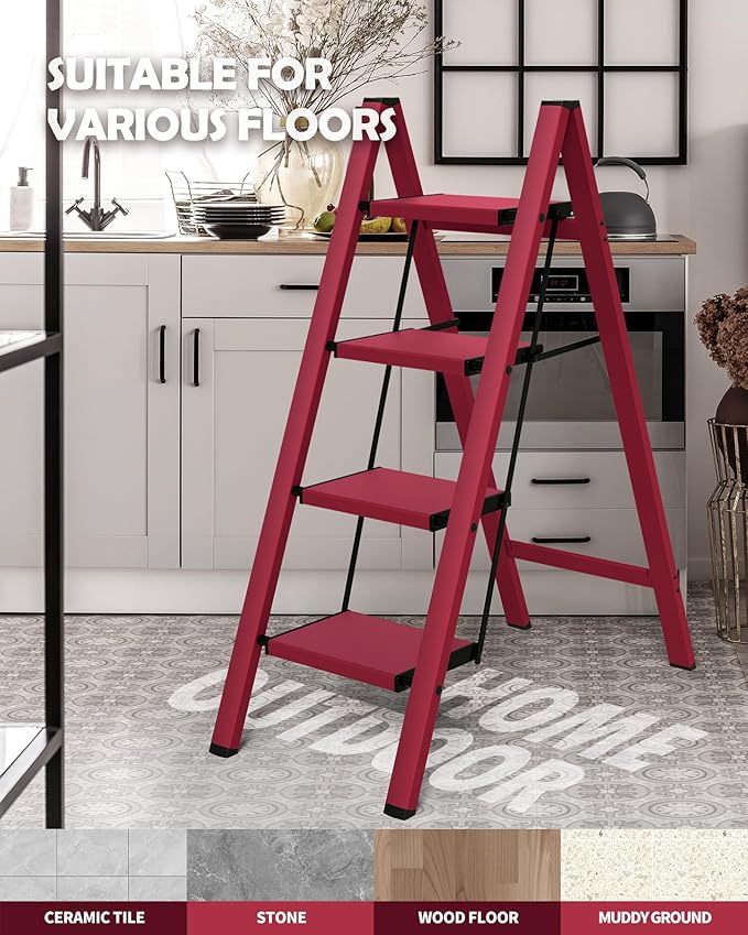 Taranta 4 Step Ladder,Aluminum Lightweight Folding 4 Step Stool with Anti-Slip Wide Pedal,330lbs Capacity Step Ladder for Household,Kitchen,Office - Red