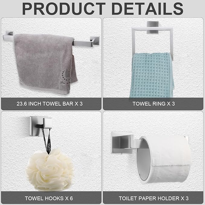 Gisafai 15 Pcs Bathroom Hardware Accessories Set 23.6 Inch Bath Towel Bar Kit Stainless Steel Bathroom Hardware Set Towel Racks Ring Hooks Paper Holder for Wall Mounted (Silver)