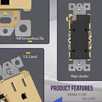 ENERLITES, Gold Elite Series Decorator Receptacle Outlet Child Safe Tamper-Resistant, Self-Grounding, 2-Pole, Residential Grade, 15A 125V, UL Listed, 61501-TR-GD