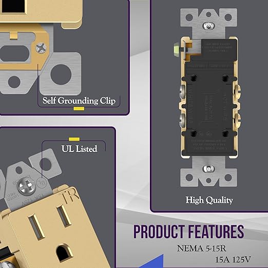 ENERLITES, Gold Elite Series Decorator Receptacle Outlet Child Safe Tamper-Resistant, Self-Grounding, 2-Pole, Residential Grade, 15A 125V, UL Listed, 61501-TR-GD