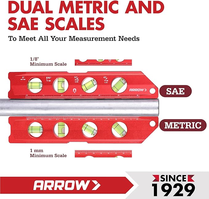 ARROW 8-Inch Torpedo Level, Magnetic Level Tool with 0°/30°/45°/90° Bubbles, Top-view Windows, Aluminium Alloy Frame, Dual Metric and SAE Scales