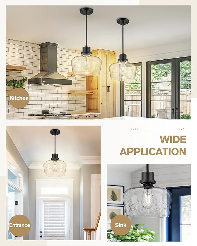Emak 10 Inch Large Pendant Light, Black Pendant Lights Kitchen Island with Seeded Glass Shade, Modern Farmhouse Island Lights for Kitchen, Dining Room, Entrance, PL126-BK-SG