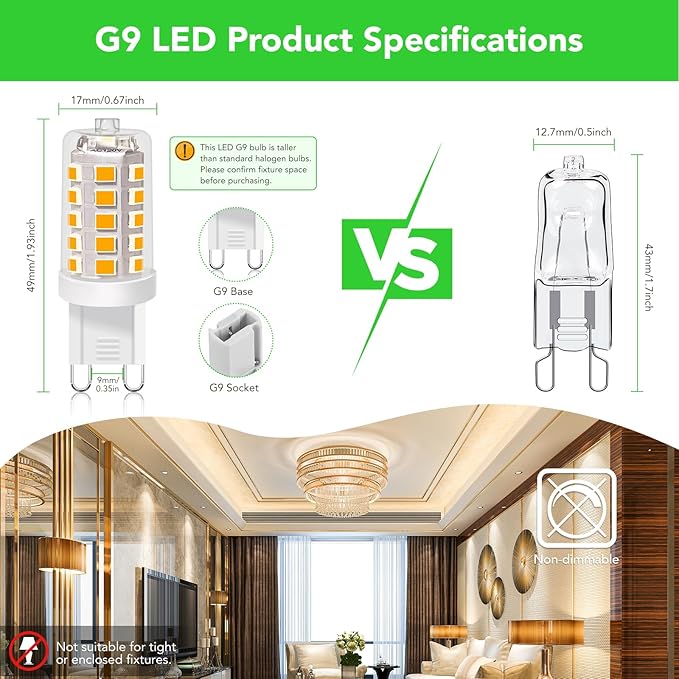 BUBO G9 LED Bulb 2700K Soft White 430 Lumens, 3W Equivalent 40W T4 G9 Halogen Replacement, 360°Beam Angle 120V Non-Dimmable No-Flicker G9 Light Bulbs for Crystal Chandelier Lighting, 10 Pack
