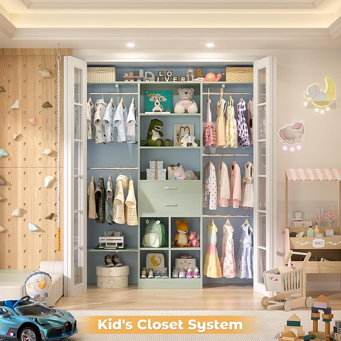 Small Closet System - 5FT Closet Organizer System with Wooden Drawers, 60 Inches Walk In Closet System With 5 Hanging Rods, Can Fit 1.58 to 6.8 FT with Reversible Hanging Shelving, Crab Green