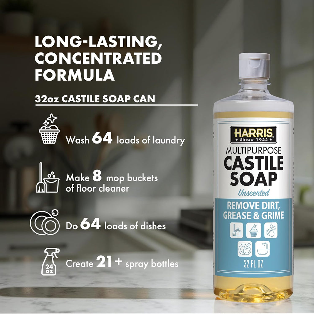 HARRIS Multi-Purpose Pure Liquid Castile Soap for Home Cleaning, Multi-Purpose Cleaner, For Dish Soap, Laundry Detergent, Kitchen and Bathroom Surfaces, Kids Rooms, Unscented, 32 Oz