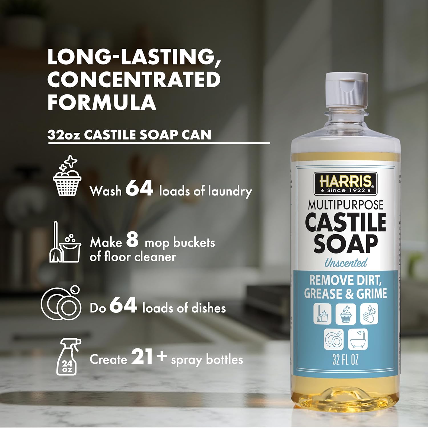 HARRIS Multi-Purpose Pure Liquid Castile Soap for Home Cleaning, Multi-Purpose Cleaner, For Dish Soap, Laundry Detergent, Kitchen and Bathroom Surfaces, Kids Rooms, Unscented, 32 Oz