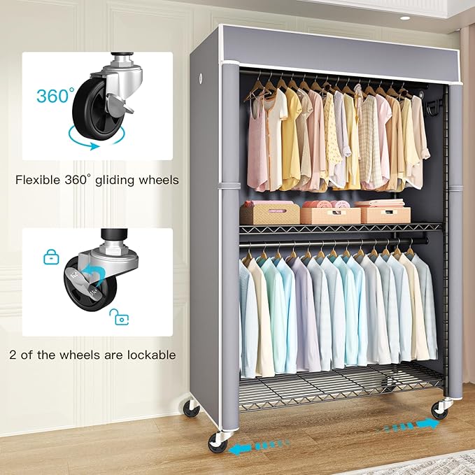 FUTASSI Black Clothing Rack with Grey Cover, P1C Plus Rolling Closets with Wheels, Metal Garment Rack for Hanging Clothes, Clothing Storage Wardrobe, 46" W x 18.5" D x 80.7" H, Load 524 Pounds