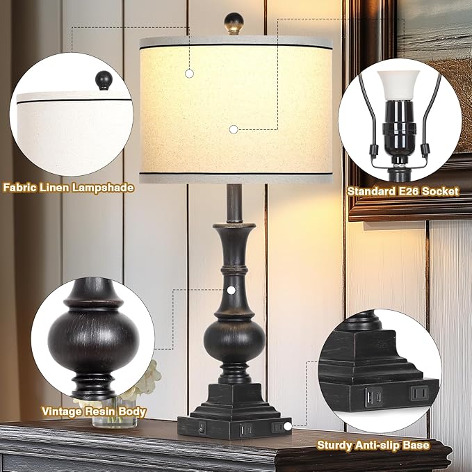 Farmhouse Lamps Set of 2, Vintage Rustic Black Table Lamps with USB A+C Fast Ports & AC Outlets, Traditional Nightstand Bedside Lamp for Living Room Bedrooms Home Office(2 LED Bulbs Included)