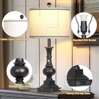 Farmhouse Lamps Set of 2, Vintage Rustic Black Table Lamps with USB A+C Fast Ports & AC Outlets, Traditional Nightstand Bedside Lamp for Living Room Bedrooms Home Office(2 LED Bulbs Included)
