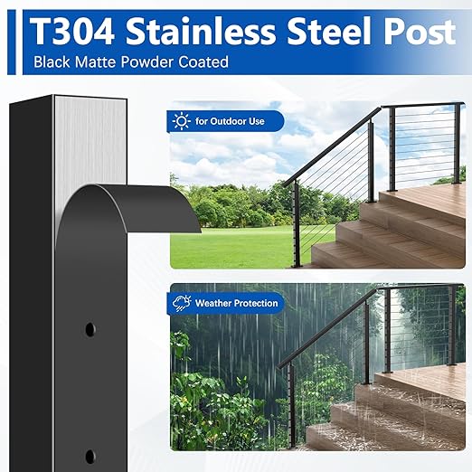 36" T304 Cable Railing Stair Post(Post 35"x2"x2"), 33° Drilled Railing Post with Cable Grommets Fit for 25-35° Stairway, Adjustable Top Mount Stainless Steel Black Finish Staircase Deck Post