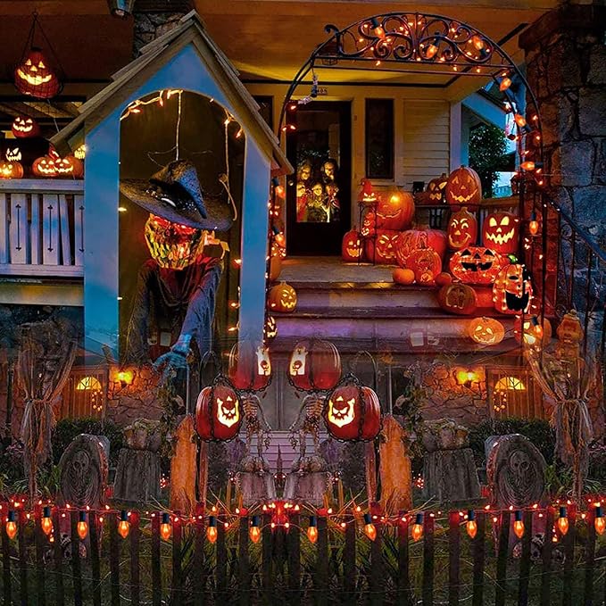 SUNSGNE 25 Pack C9 Orange Replacement Light Bulbs, Halloween Christmas Light Bulbs for E17 Base Outdoor String Lights, E17 Intermediate Base Light Bulbs, 7 Watt, Clear Orange