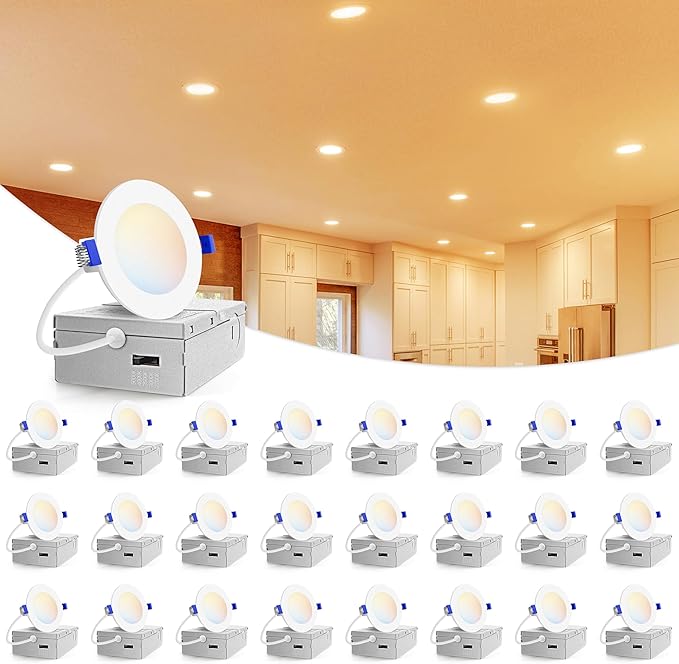 VOLISUN 24 Pack 3 inch Recessed Lighting, 5CCT LED Recessed Light with Junction Box, 2700K-5000K Selectable, Dimmable Canless Wafer Downlight, LED Ceiling Light ETL Certificated