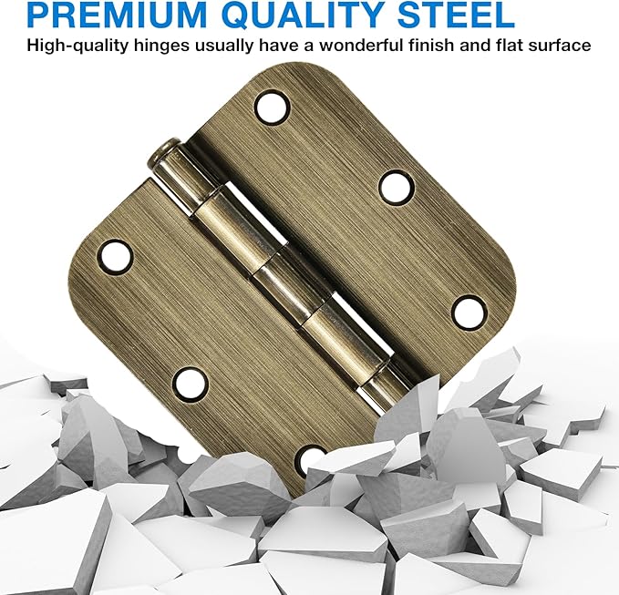 18 Pack Door Hinges Antique Brass 3.5 Inch Interior 3 1/2" Round 5/8" Radius Heavy Duty Metal Hardware Kit 3 ½" 5/8" Radius Flat Hinge for Bifold Doors Decor Master Bedroom Storage Room