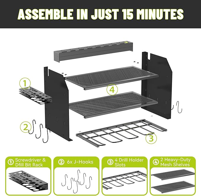 Heavy Duty Drill Holder & Power Tool Organizer Wall Mount, Metal Cordless Tool Organizer for Cordless Drill, Accessory Holder Rack (3L4D WITH CHARGING STATION (BLACK), With Charging Station)