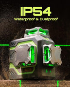 LasGoo LG-3D Laser Level Self Leveling 3x360°, 3D Green Beam Cross Line Laser for Construction and Picture Hanging, 2 Rechargeable Batteries (20 Hrs), Magnetic Liftable Stand Included, Green