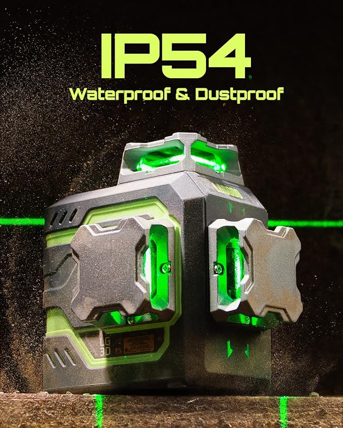 LasGoo LG-3D Laser Level Self Leveling 3x360°, 3D Green Beam Cross Line Laser for Construction and Picture Hanging, 2 Rechargeable Batteries (20 Hrs), Magnetic Liftable Stand Included, Green