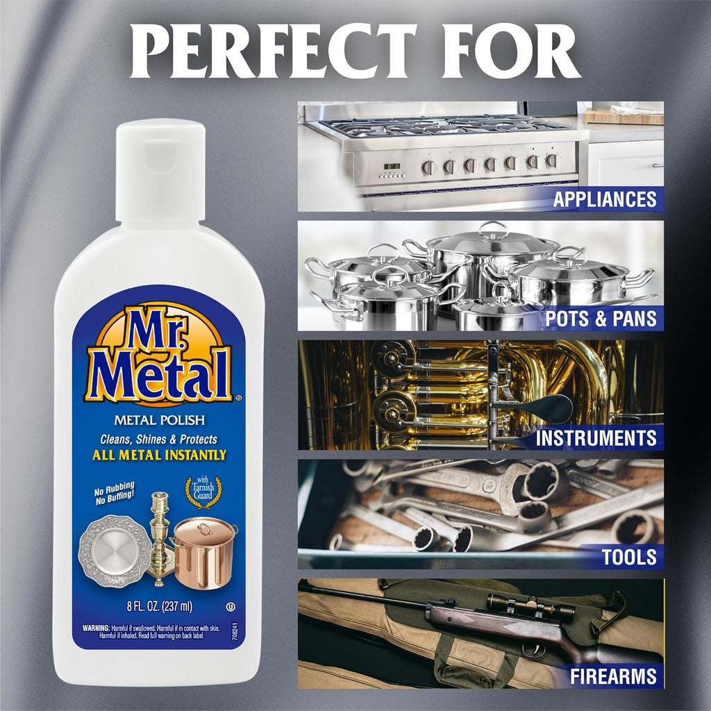 Mr. Metal Metal Polish Liquid All Metal Multipurpose Cleaner, Non-Abrasive, Instant Sterling Silver Cleaner, Brass and Stainless Steel Cleaner, Grime and Tarnish Remover, Chrome Silver Polish, 8 oz