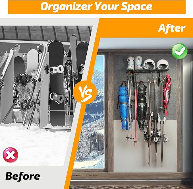 PLKOW Wall-Mounted Ski Rack, Skis Storage Rack for Garage Shed with Top Storage Shelf, Customizable Spacing, Supports Up to 560 lbs, 2-Pack