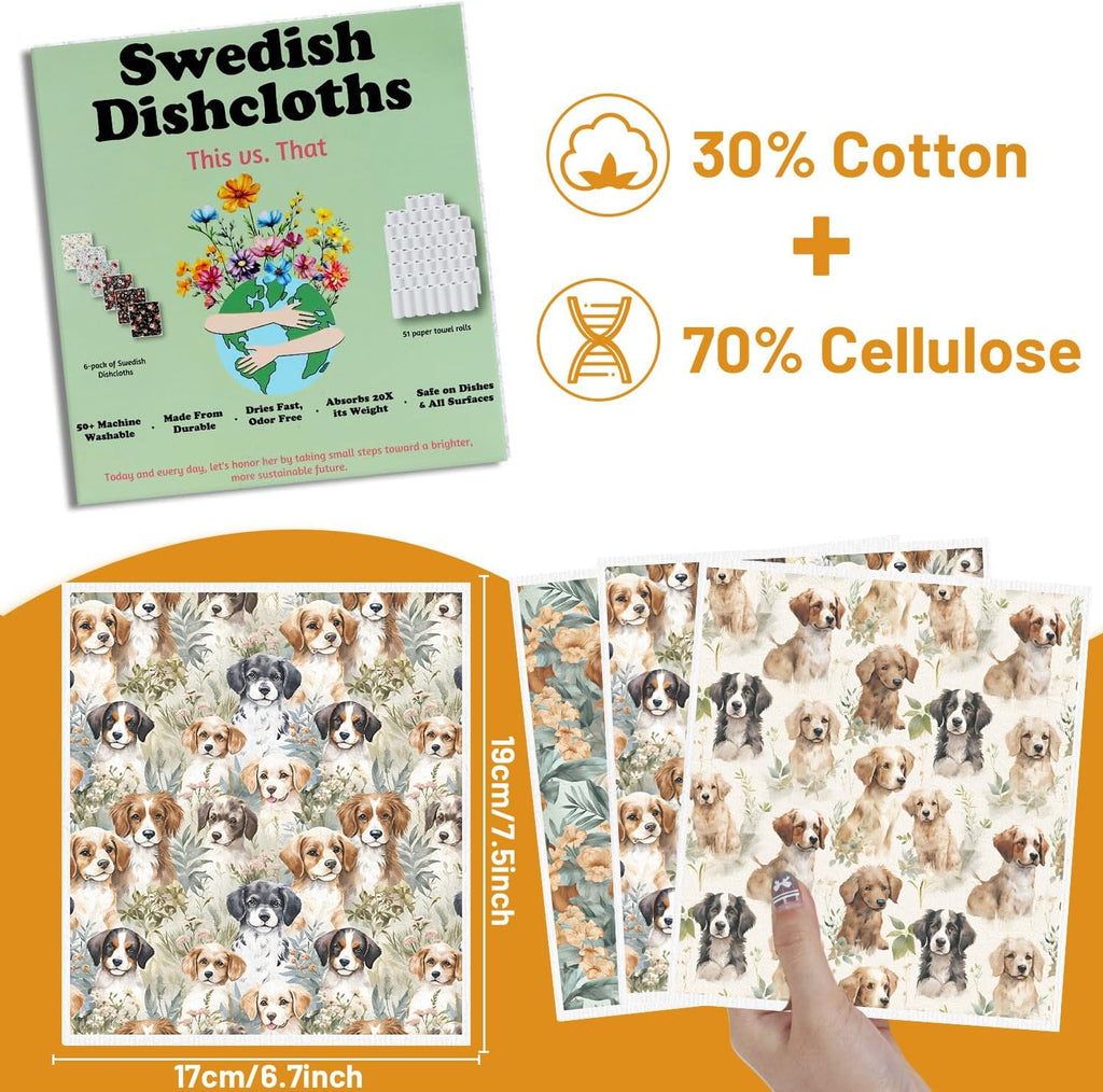 Swedish Dishcloths for Kitchen, 6PCS Cute Dog Swedish Dish Cloths Gift Set, Reusable Absorbent Cellulose Sponge Doggie Dish Towel for Home Cleaning(7.8 X 7 Inches)