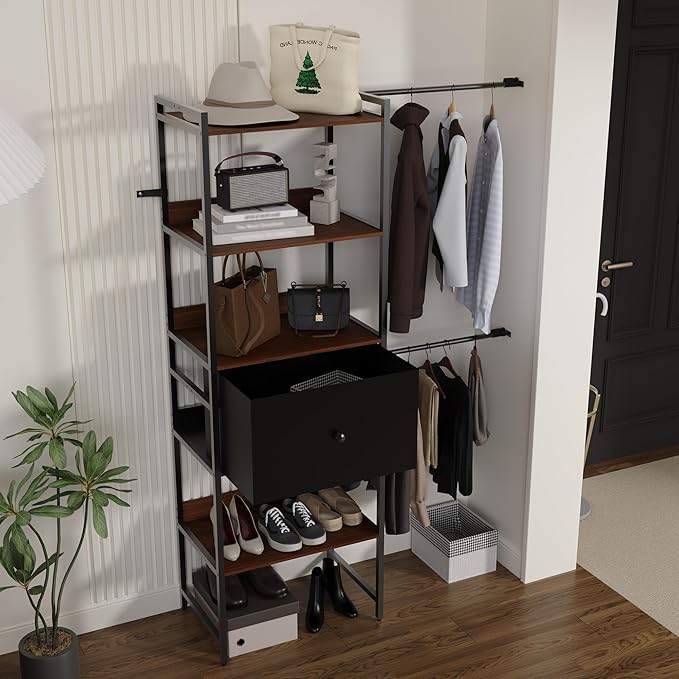 Adjustable Clothes Hanger, 108 Inches Closet System, Walk In Closet Organizer with 4 Shelving Towers, Heavy Duty Clothes Rack with Drawer, Industrial Built-In Garment Rack, Entryway Shelf