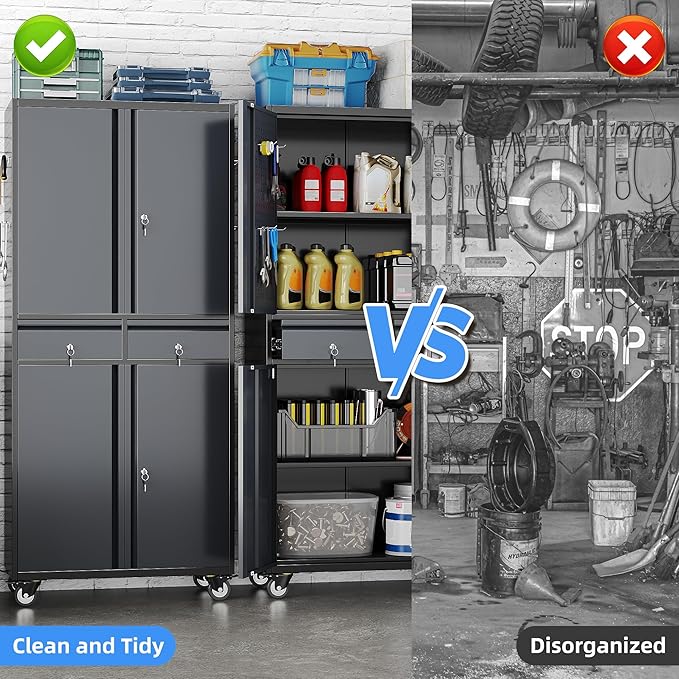 Metal Garage Storage Cabinet with 2 Drawers and 2 Adjustable Shelves, Rolling Tool Storage Cabinet with Wheels and Locking Doors for Garage, Warehouse, Black and Dark Gray