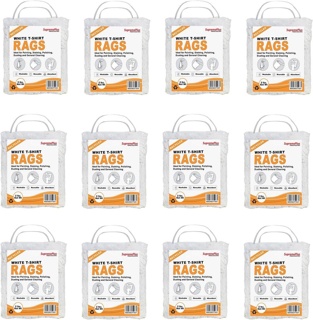 Recycled White T-Shirt Cleaning Rags (2 lbs. Bag - Pack of 12) – Shop Rags Bulk for Oil, Stain, Grease, Paint, and Auto Cleaning, Multipurpose