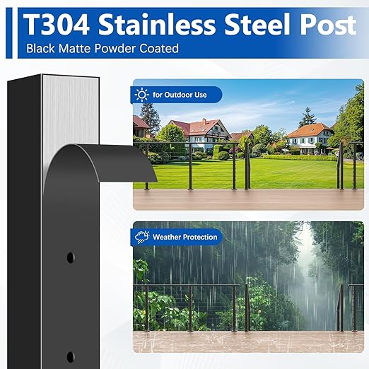 36" T304 Cable Railing Post(Post 35"x2"x2"), Level Drilled Railing Post with Cable Grommets, Fixed Top Mount Cable Handrail Post, Stainless Steel Black Finish Indoor Outdoor Deck Post